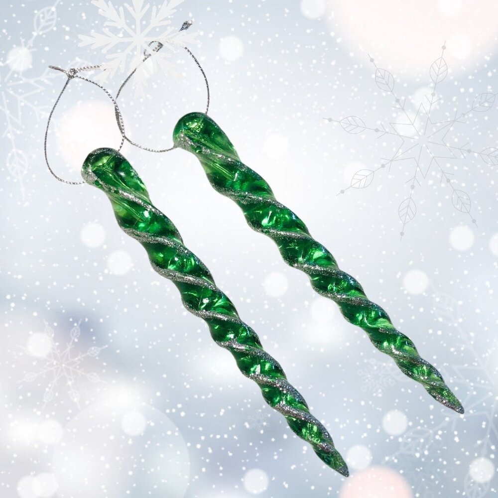 Lot of 2 Green Icicle Christmas Ornaments 6" Glitter Accents